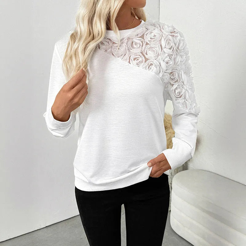 White long sleeve floral print pullover top with loose fit for European and American body frames.