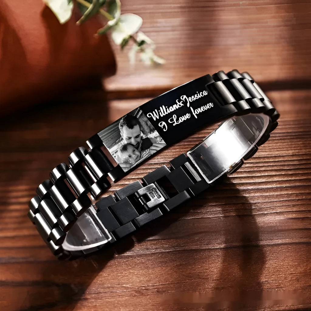 Titanium steel men's bracelet with curved heart shape and engraved lettering in black or grey finish
