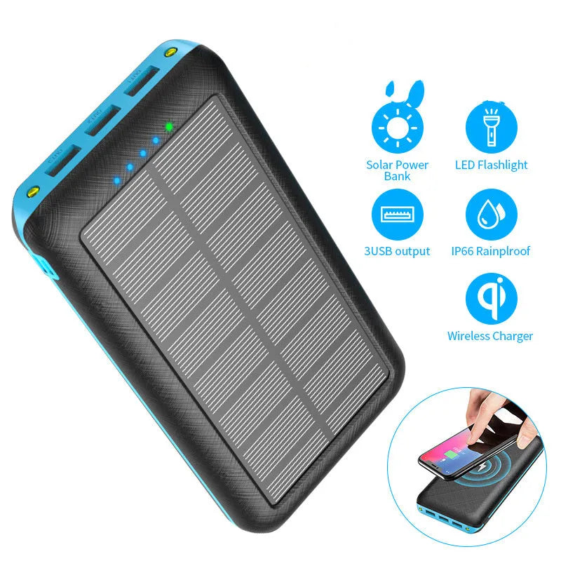 Qi wireless solar power bank with 3 USB outputs and LED flashlight in black plastic shell