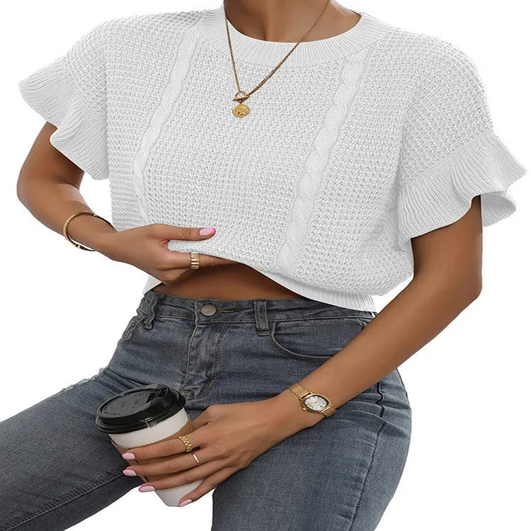Women's knitted pullover sweater with ruffle short sleeves and twisted string detailing