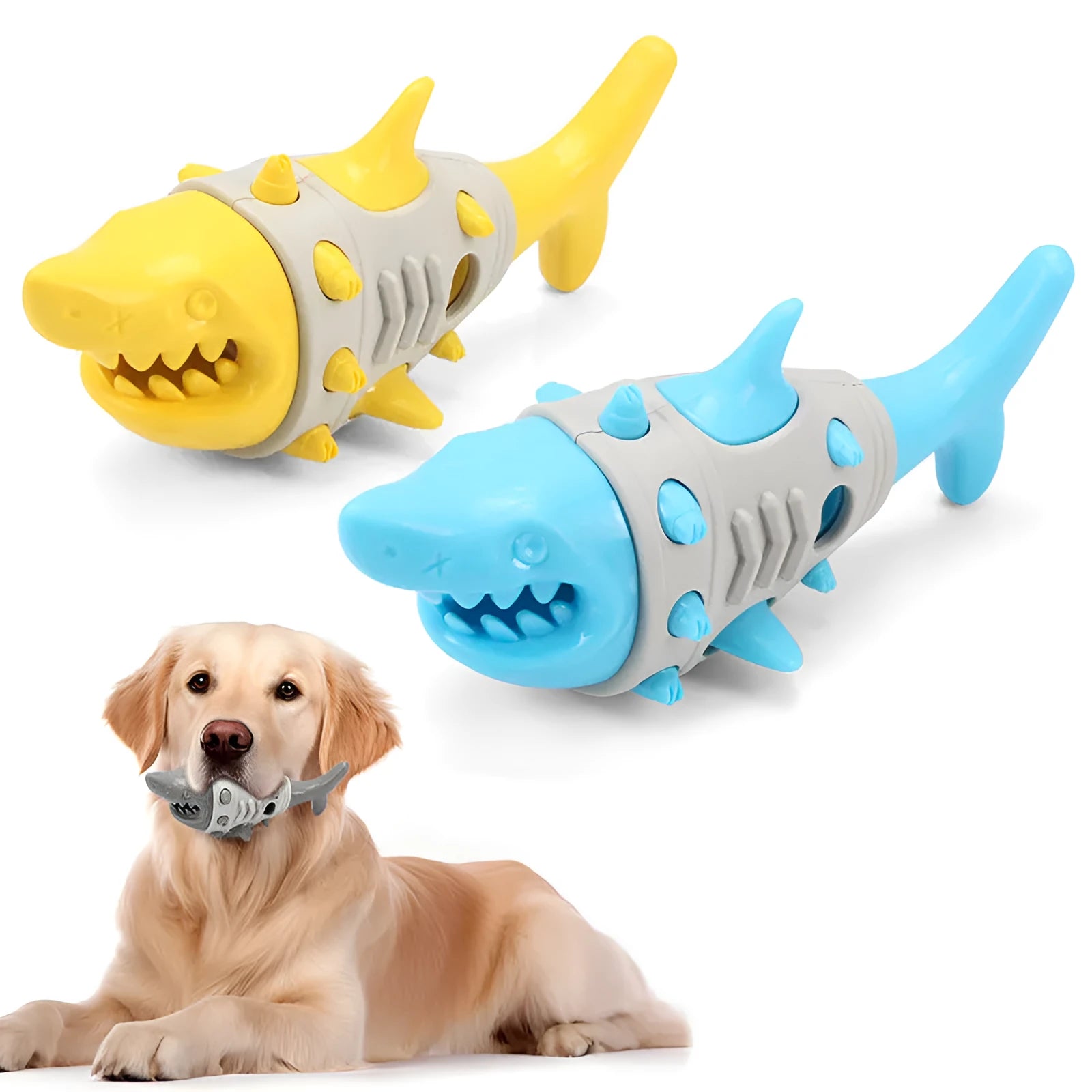 Dog teething leaky toy in blue with shark-tooth surface and treat cavity