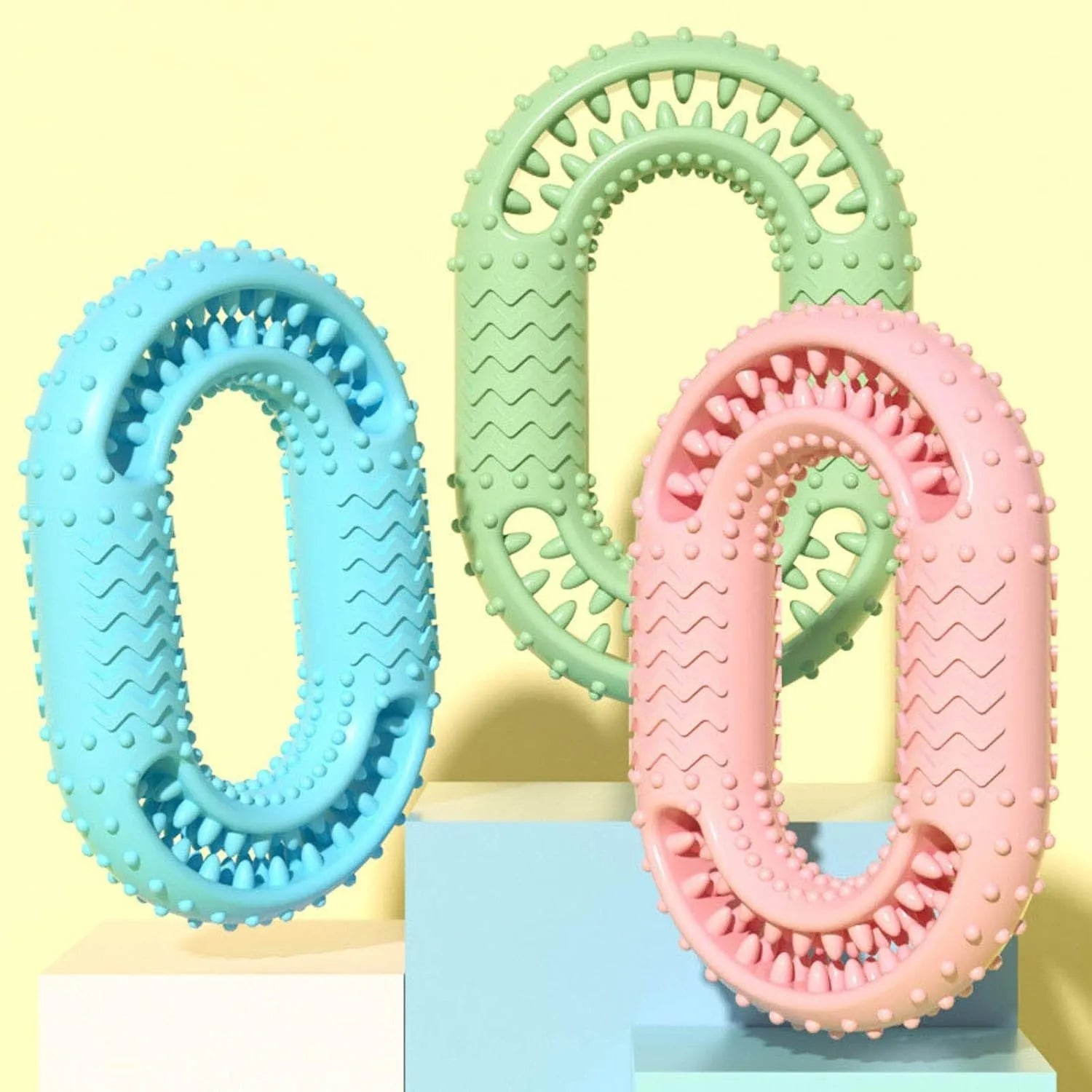 Blue green pink O-ring dog chew toy for aggressive chewers, 12.5cm diameter heavy-duty dental toy