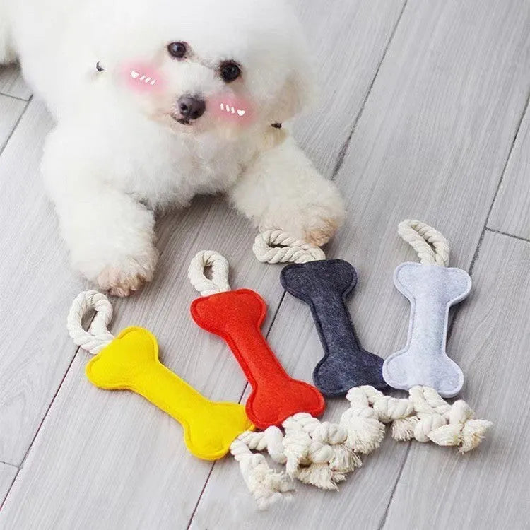Bone-shaped dog toy with rope knot and felt, 16cm, in four colours