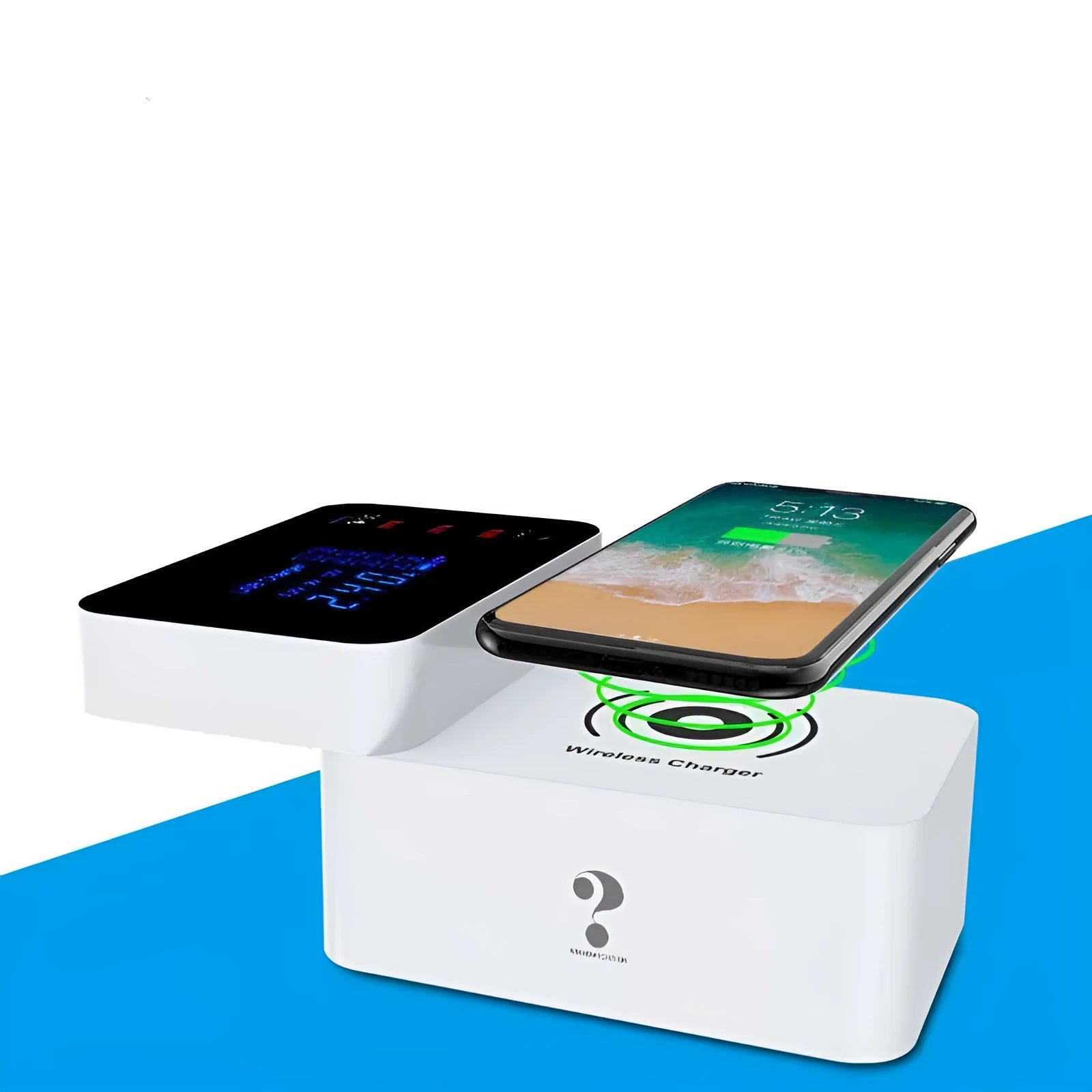 White 10W wireless charger with multi-USB ports and indicator light on a desk