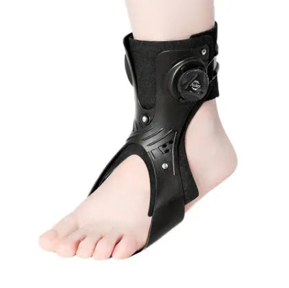 Adjustable airbag button ankle support brace shown in grey colour on left foot