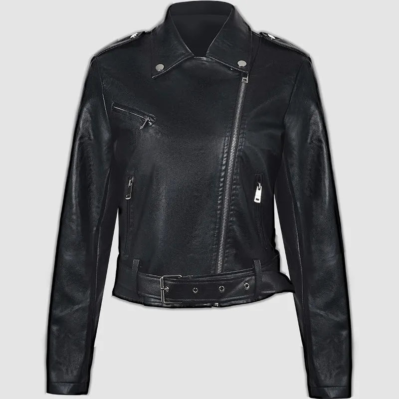 Women's red PU leather motorcycle-style jacket with lapel collar and waist belt laid flat.