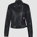 Women's red PU leather motorcycle-style jacket with lapel collar and waist belt laid flat.