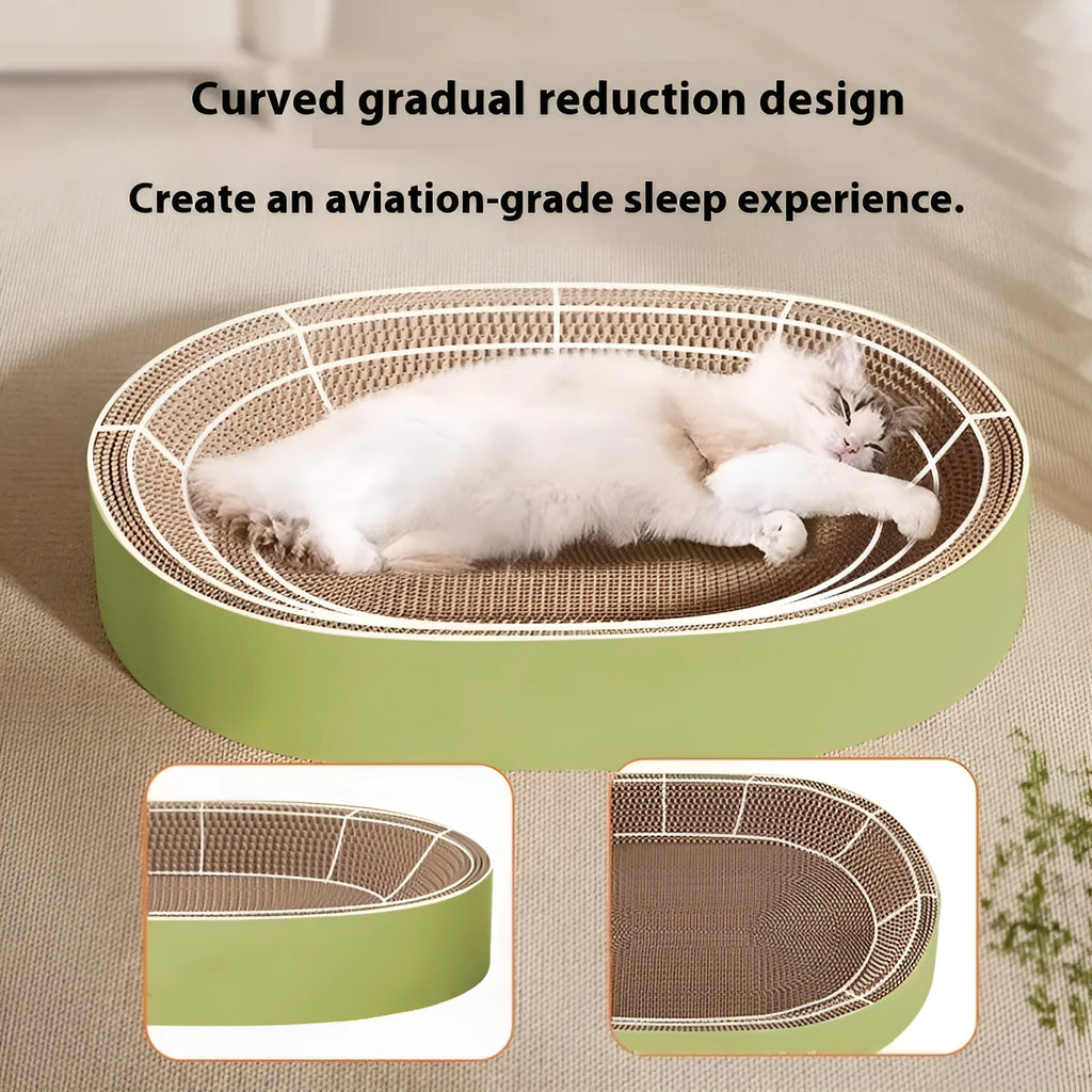 Green oval corrugated paper cat scratch board with integrated nest, 55cm diameter.