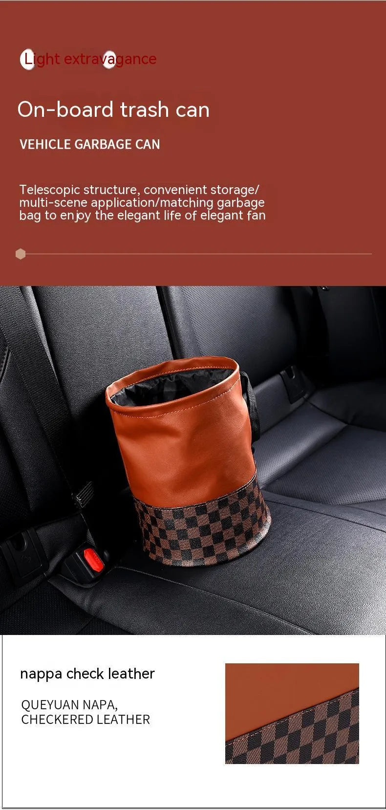 Brown leather retractable car rubbish bin with handle in expanded position