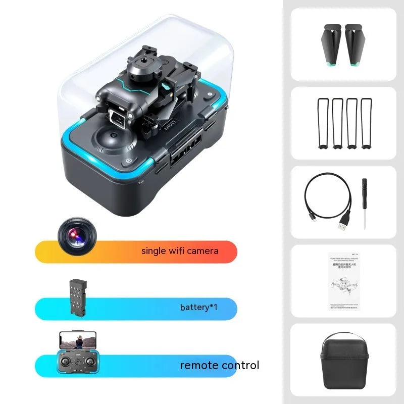 S96-black mini drone with 4K single camera on a table showing plastic four-axis design and compact size