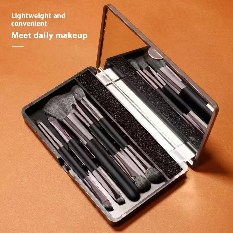 Multifunctional makeup brush suit with mirror in pink boxed kit featuring multiple artificial fibre eyeshadow brushes