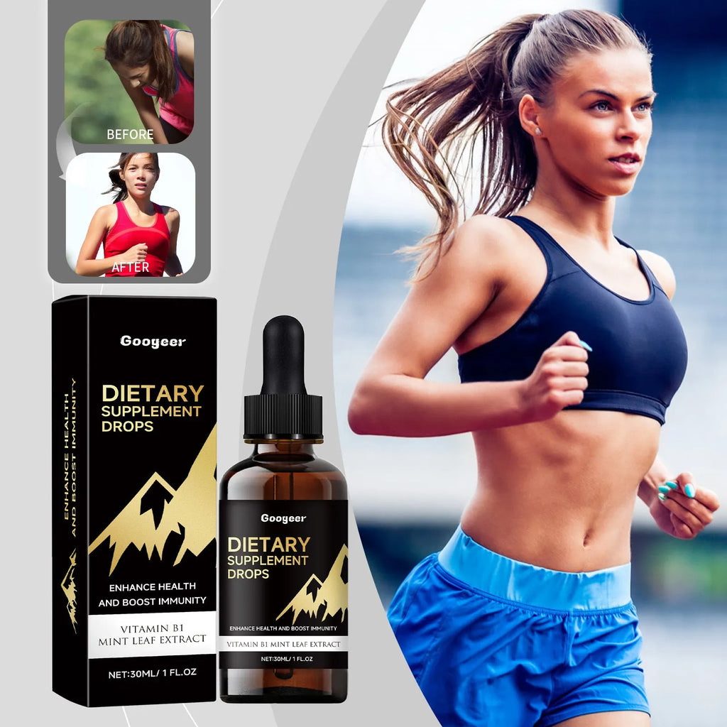 Bottle of liquid dietary supplement drops with dropper against plain background