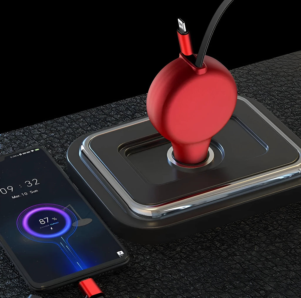 Black retractable car charger with extended cables showing QC3.0 and PD charging ports