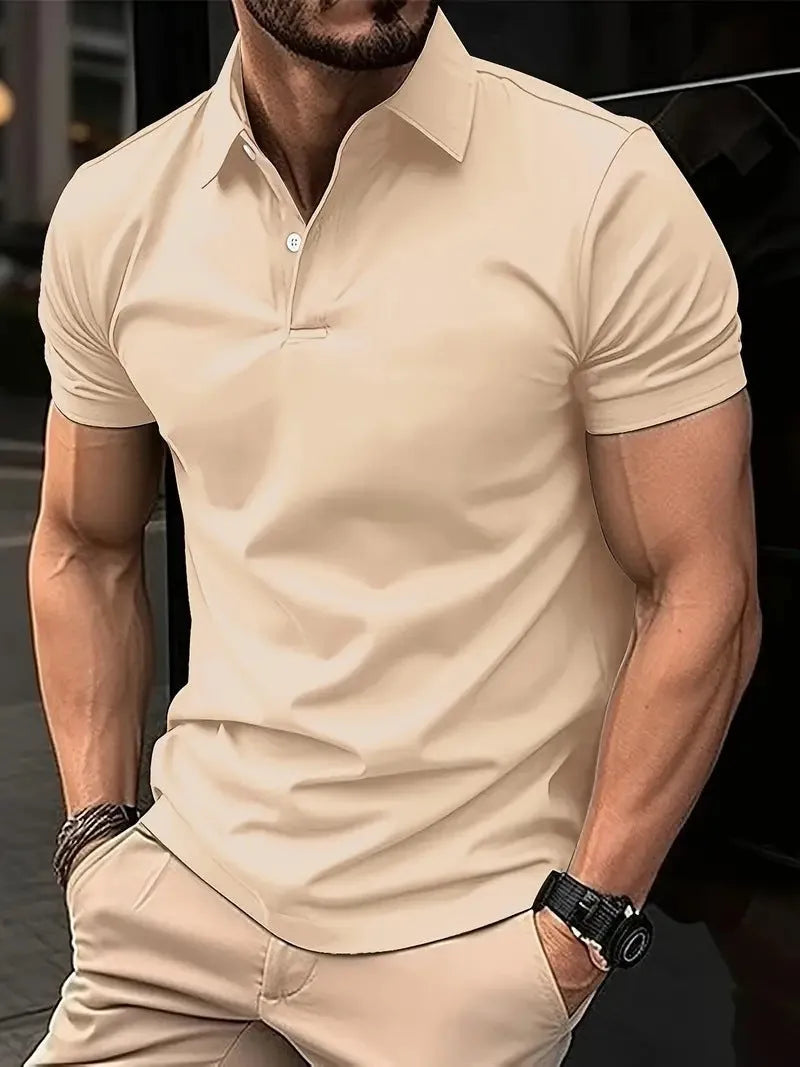 Men's slim fit short sleeve button-down casual shirt in a solid colour on a hanger