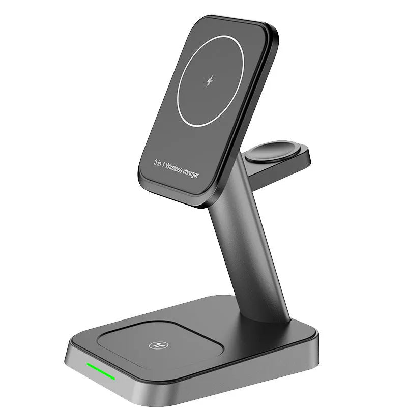 Black cubic vertical wireless phone charger with integrated watch charging and 10000mAh power bank