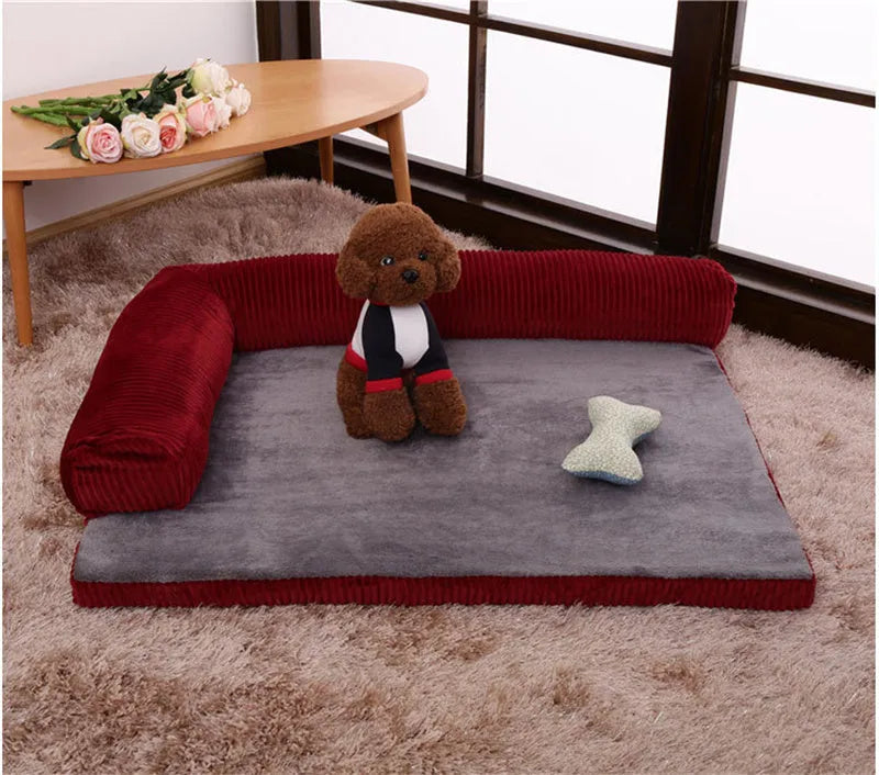 Corduroy pet sofa dog bed in grey colour with non-slip base, shown in a Large size.