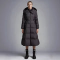 Long casual hooded black white duck down jacket for women, A-line version, medium length 65cm