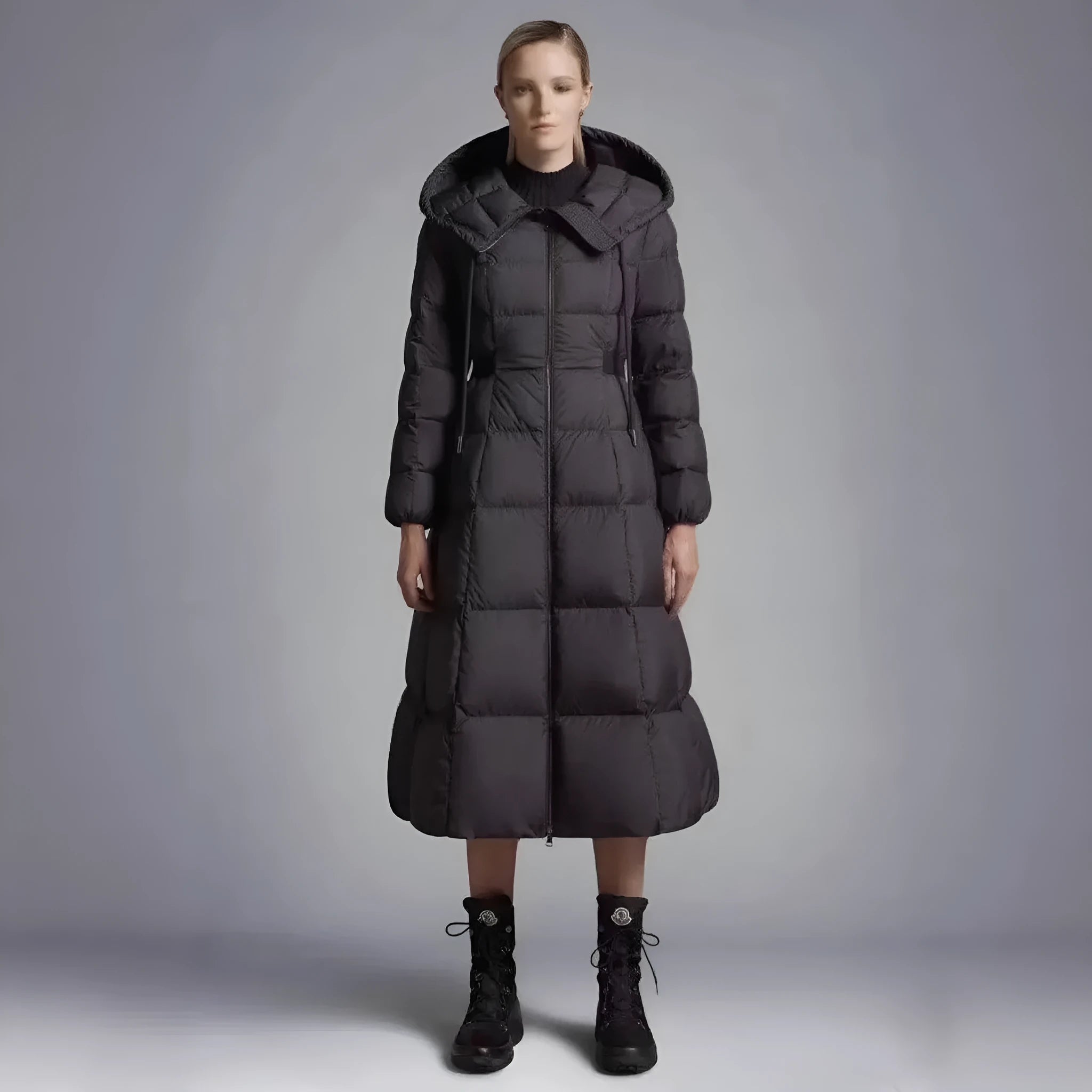 Long casual hooded black white duck down jacket for women, A-line version, medium length 65cm