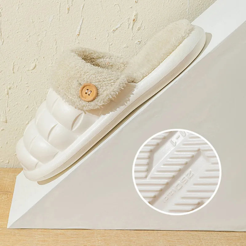 Plaid detachable EVA slippers for women with plush lining and a non-slip sole, shown in pink colour.