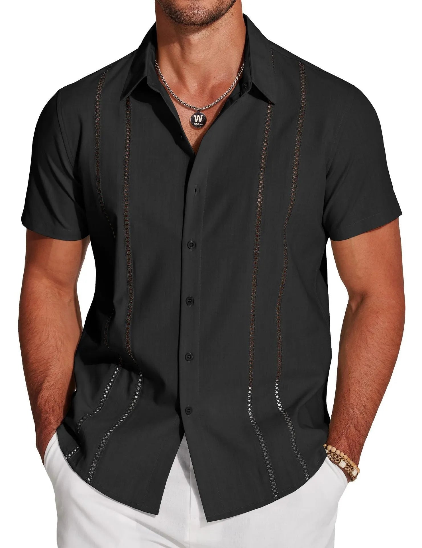 Men's slim fit Hawaiian shirt with digital print in one of six colour options, short sleeves, cardigan style