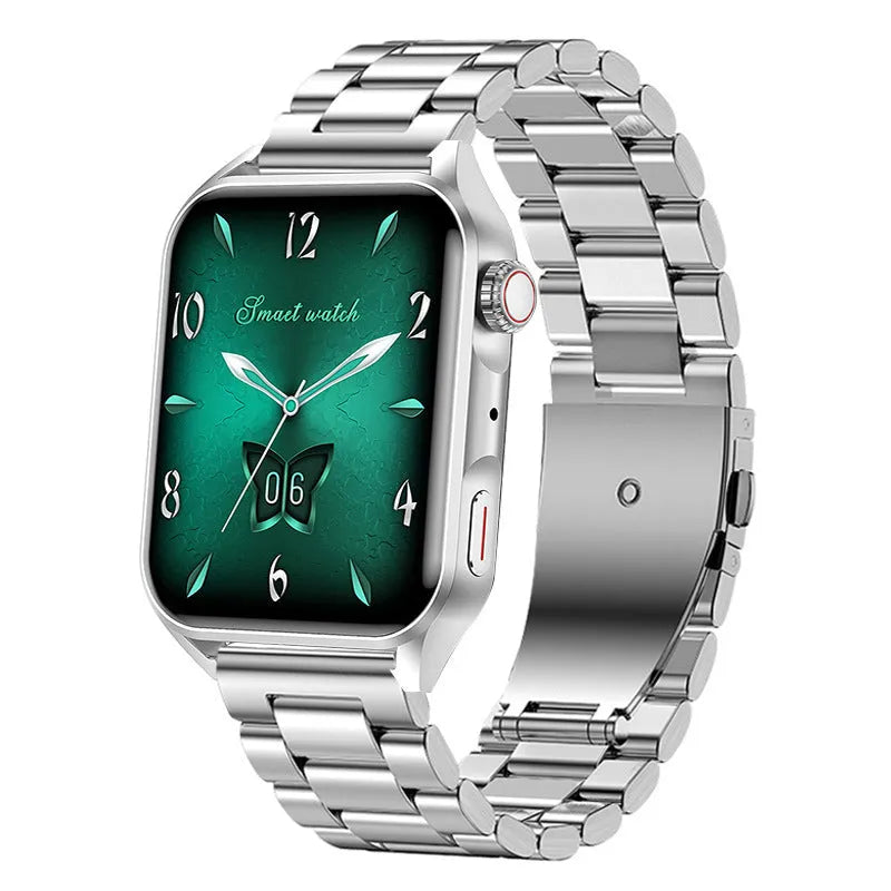 Smart watch with 1.8-inch AMOLED screen, silicone strap, and magnetic charger on wrist