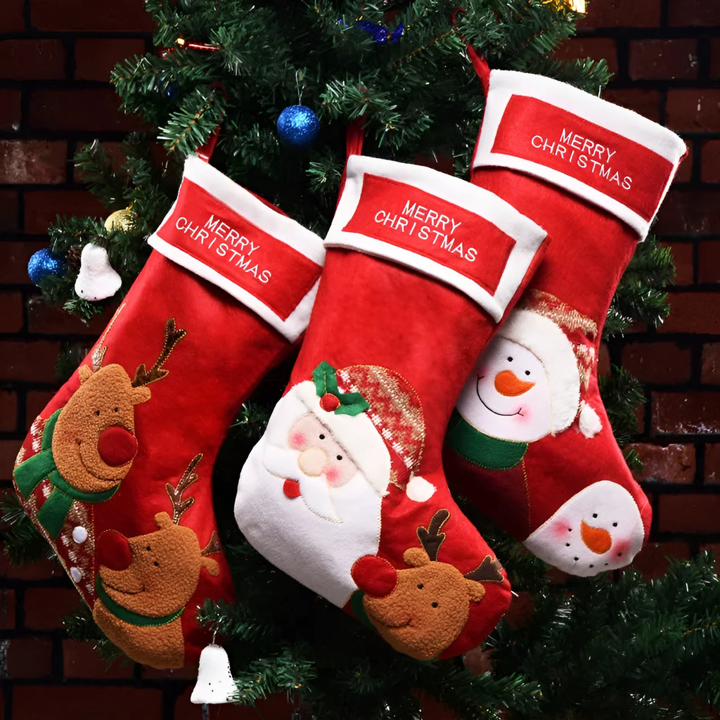 Christmas stockings in elk, elderly gentleman and snowman designs made from non-woven fabric