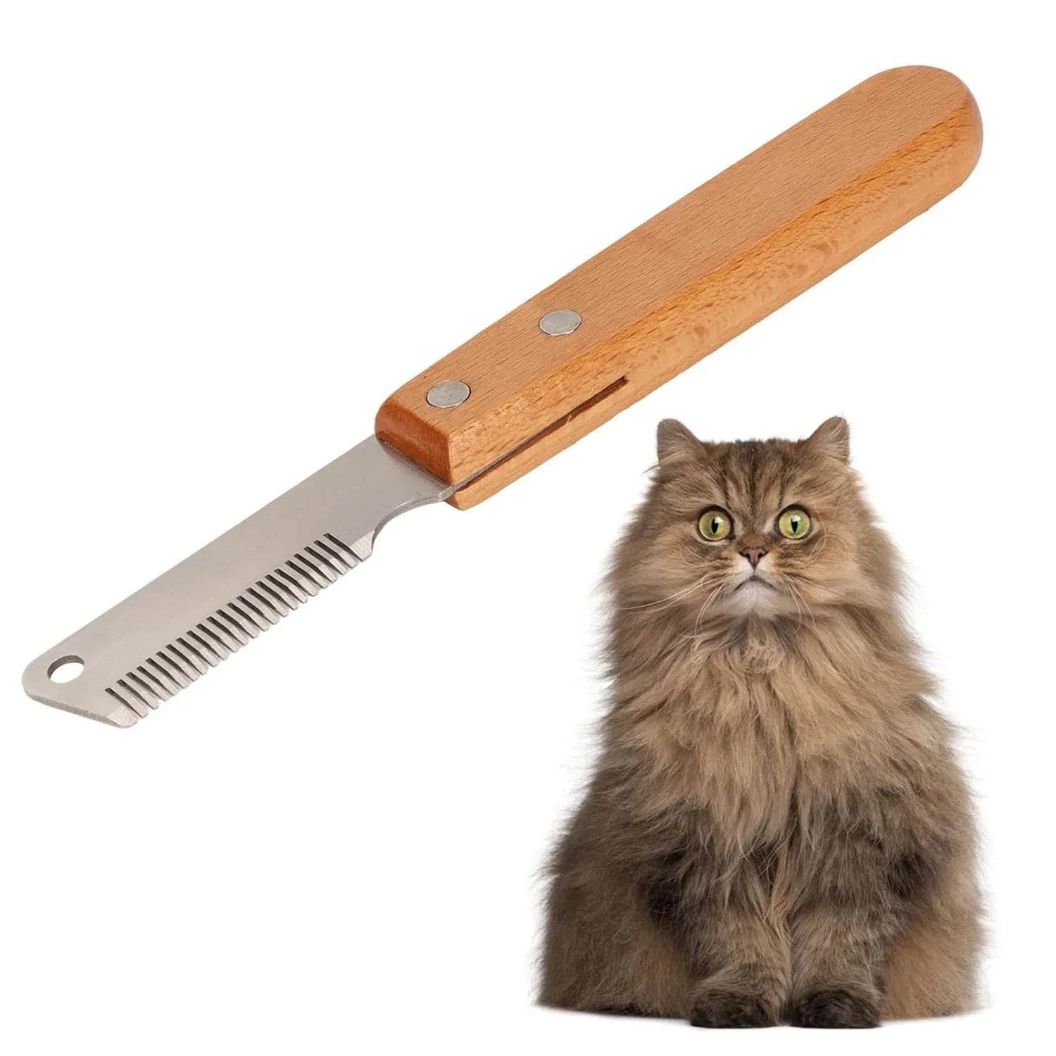 Pet stripping comb with metal blade and wooden handle for grooming dogs and cats