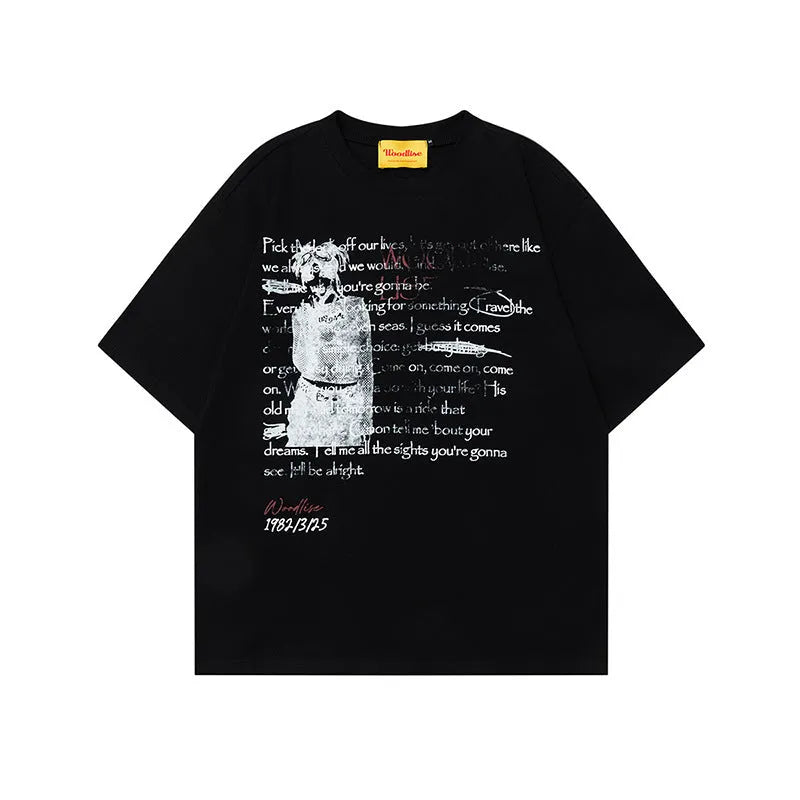 Men's black loose fit cotton t-shirt with white letter print and raglan sleeves