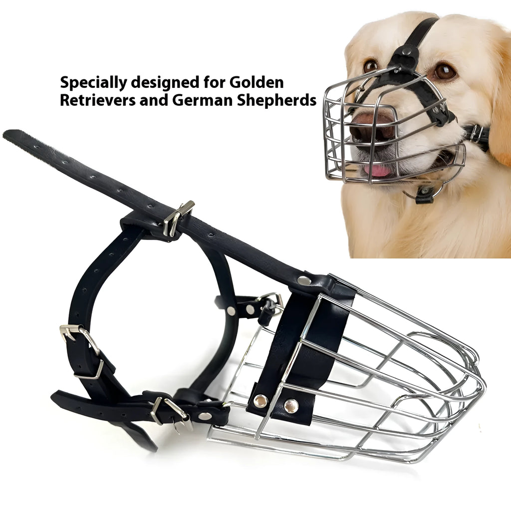 Black metal mesh dog muzzle designed for Golden Retrievers and German Shepherds.