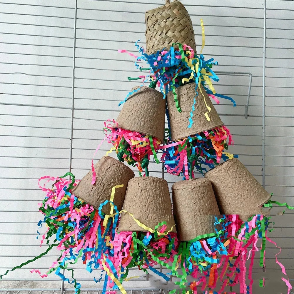 Parrot paper cup palm weaving gnawing toy in wood colour with 38cm hanging height