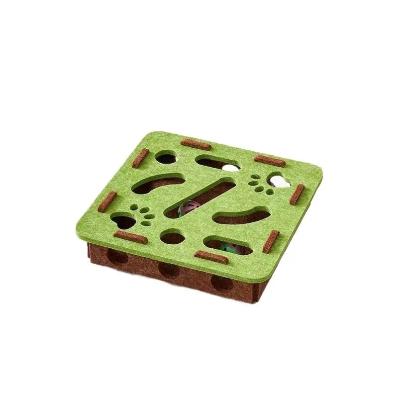 Square green brown felt cat scratching toy box measuring 30cm with scratching surface