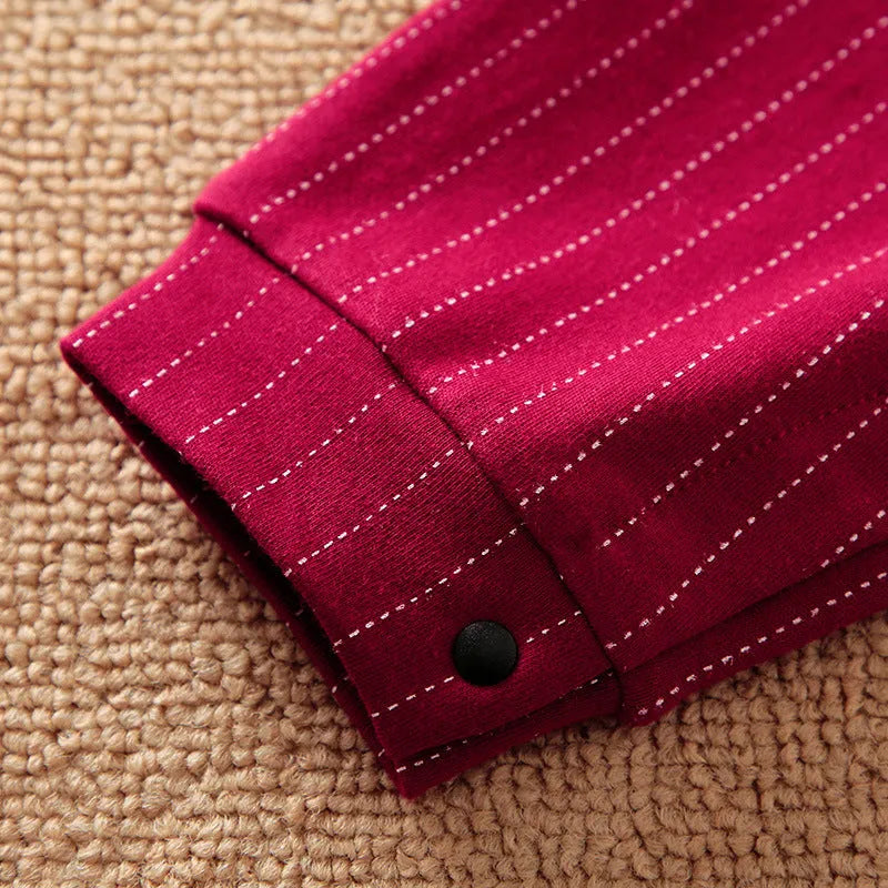 Wine red long sleeve cotton baby boy romper suit with single-breasted closure for spring and autumn wear.