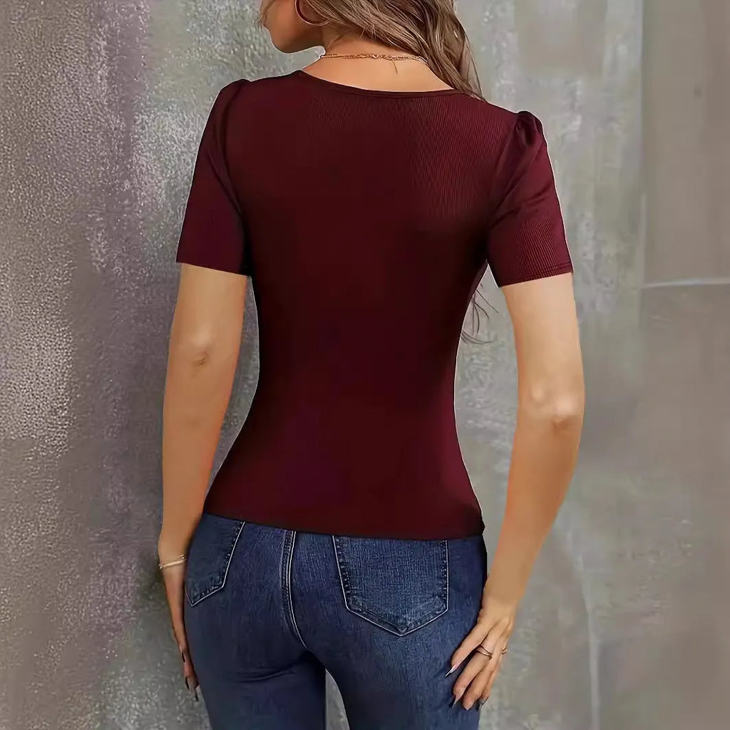Women's wine red polyester knit short sleeve top with low neckline and slim fit