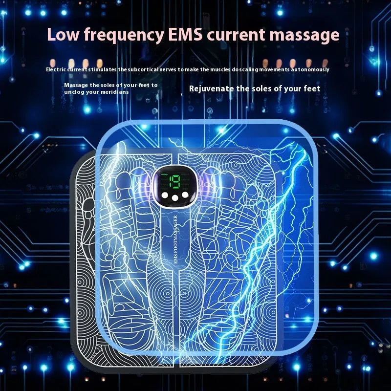 Blue square USB rechargeable foot massage mat with remote control on floor