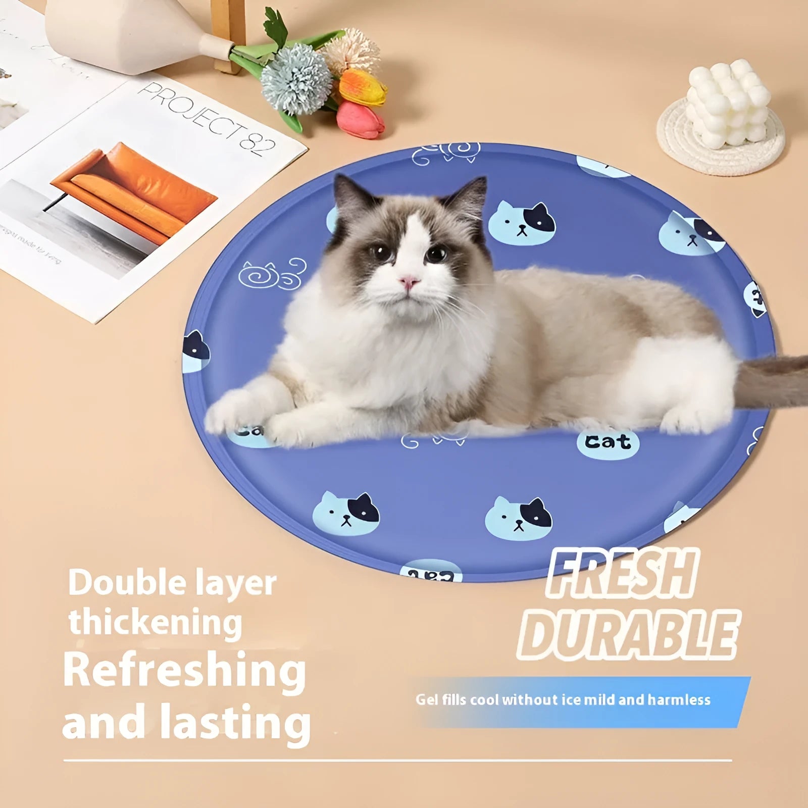 Round dog cooling mat with cartoon animal pattern and gel filling for temperature regulation