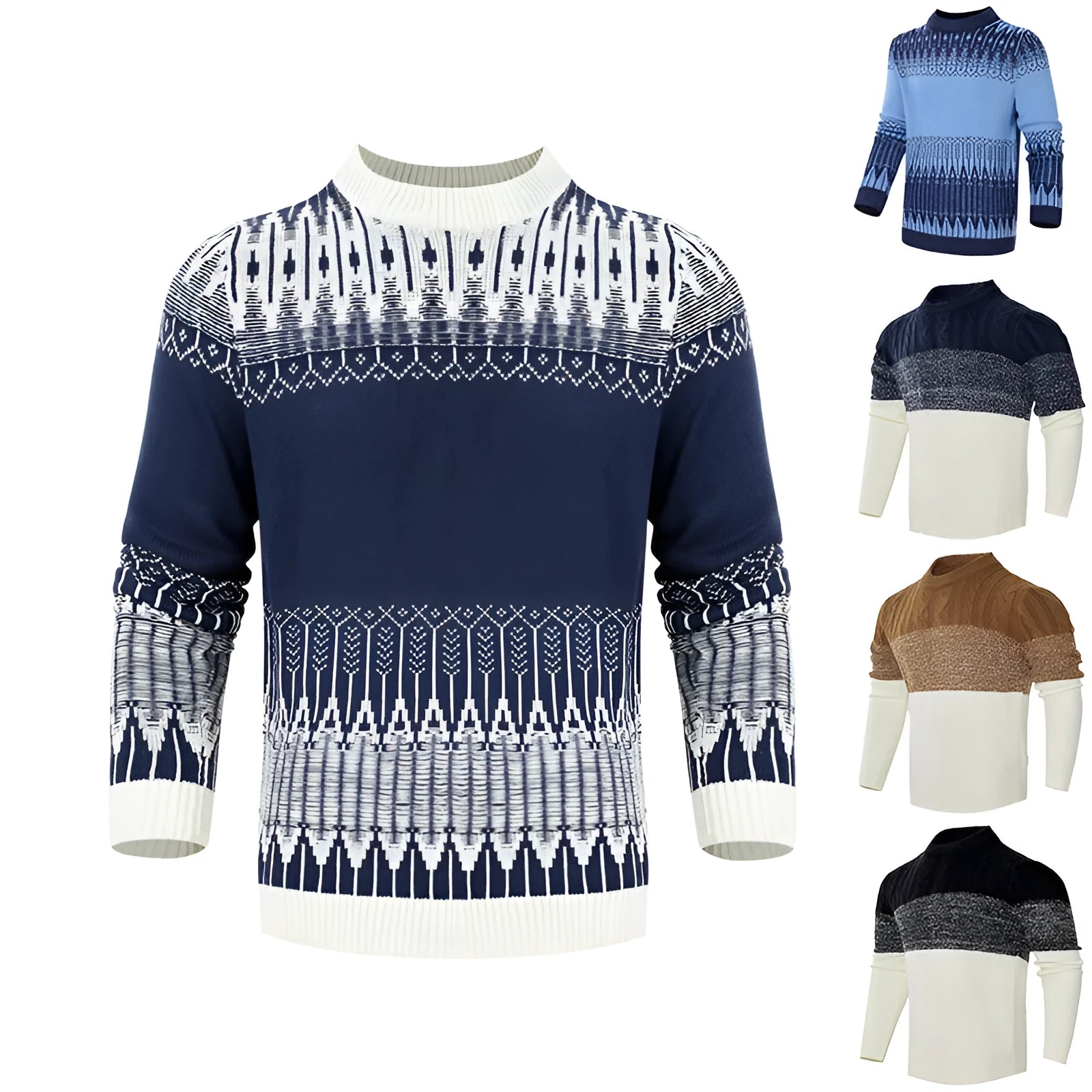 Men's acrylic knitted long-sleeve pullover sweater in three style variations