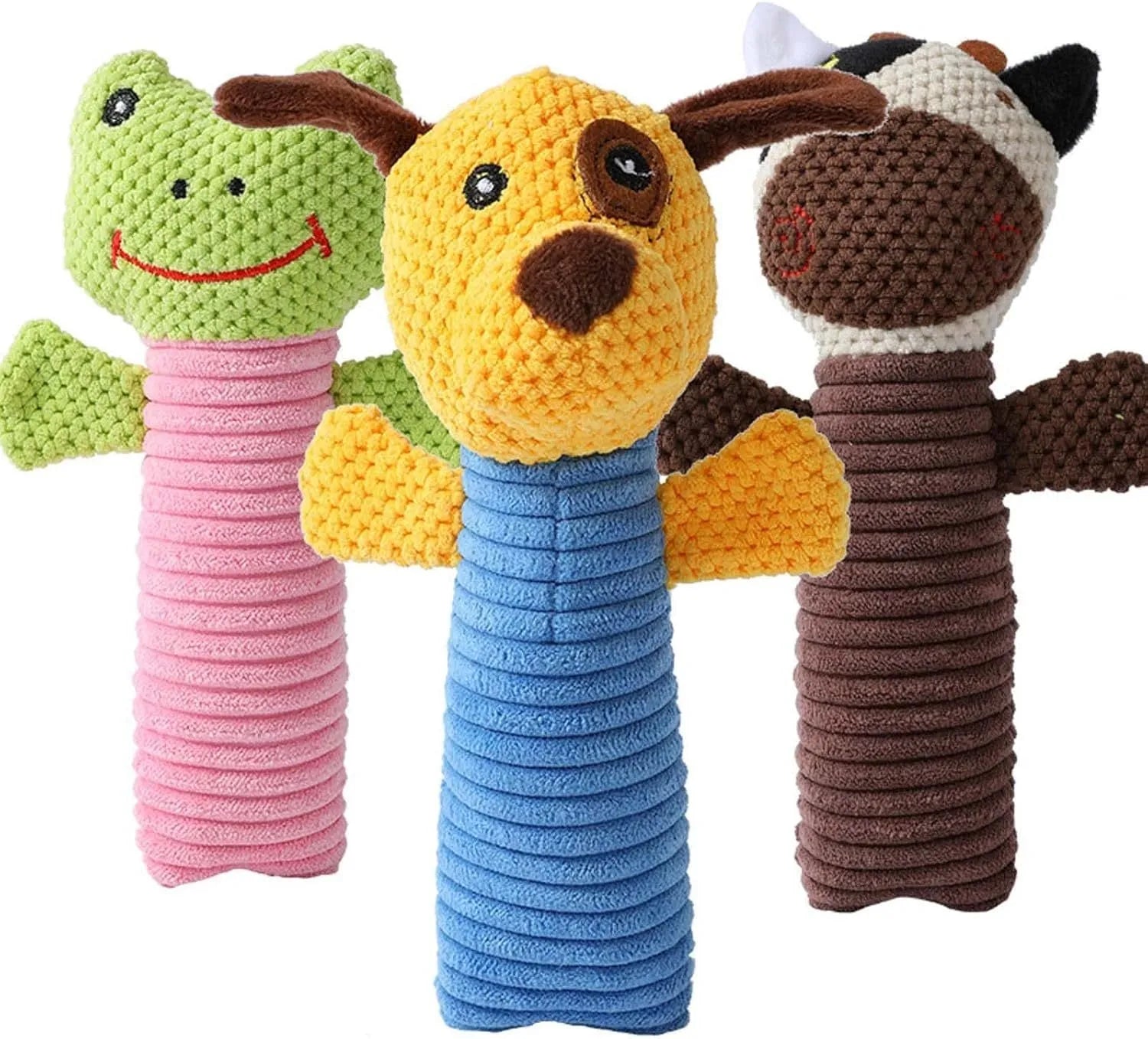 Squeaky stuffed dog chew toy measuring 19cm for dental cleaning and teething relief