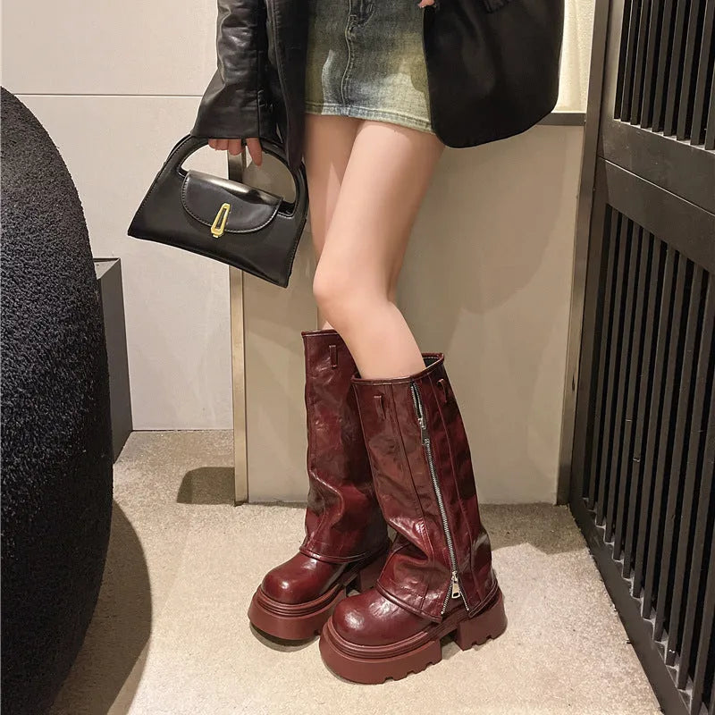 Black Platform Muffin Pants Martin Boots with square heel and high cylinder socks on a neutral background