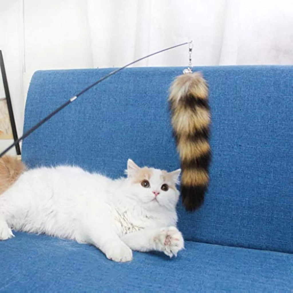 Black cat toy wand with feather teaser on elastic string, 42 cm long