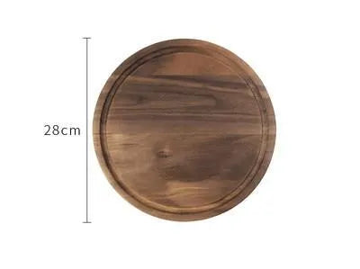Black walnut wood cutting board with juice groove, dual-sided design, available in round and rectangular sizes for kitchen use