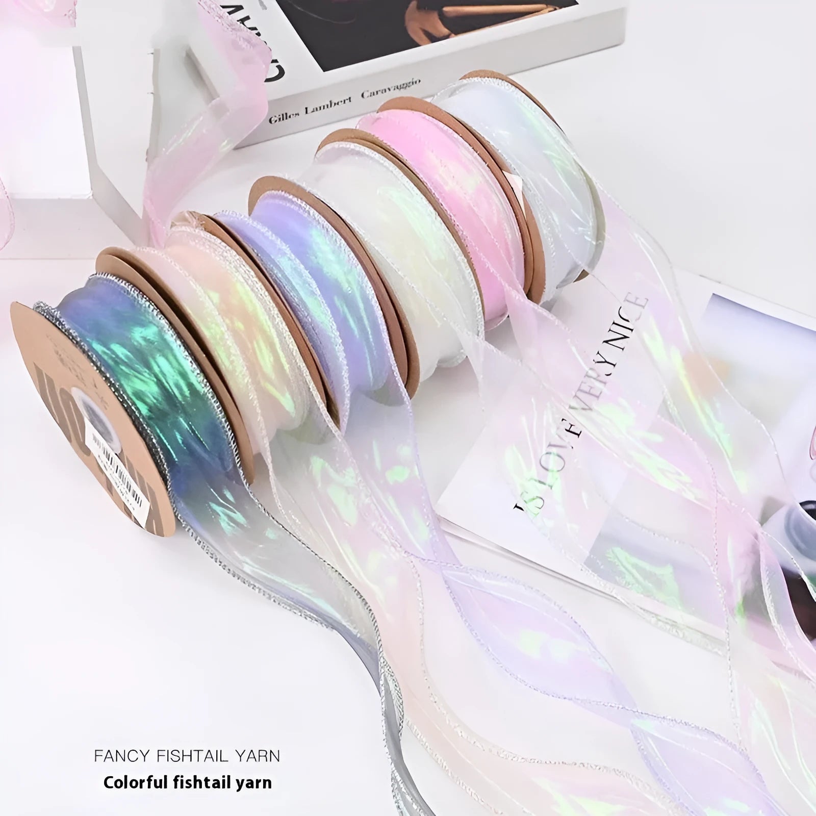 Colourful 4cm wide fishtail wave mesh ribbon roll for DIY crafts and gift wrapping