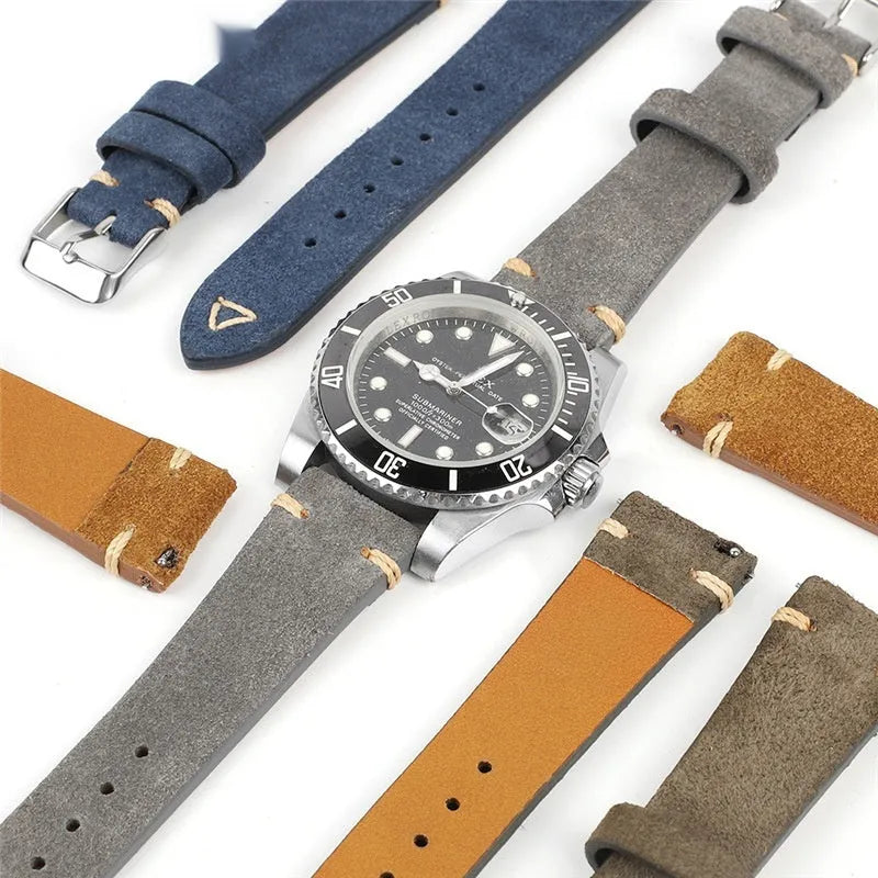 Genuine suede leather watch strap in Army Green colour for 20mm or 22mm watch lugs.