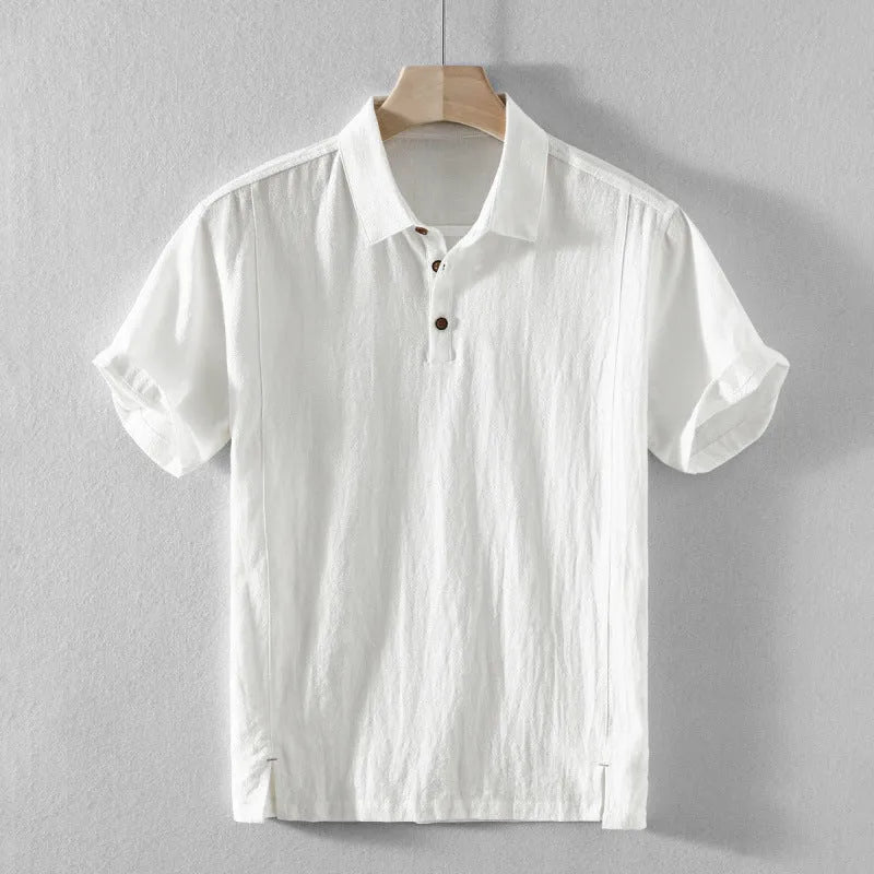 Men's loose fit cotton linen casual shirt in beige, shown on a hanger