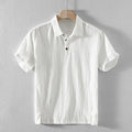 Men's loose fit cotton linen casual shirt in beige, shown on a hanger