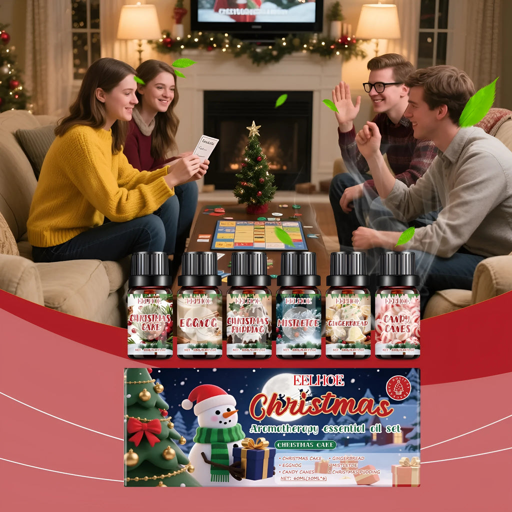 Christmas aromatherapy oil set showing six bottles in three festive scents with different sizes