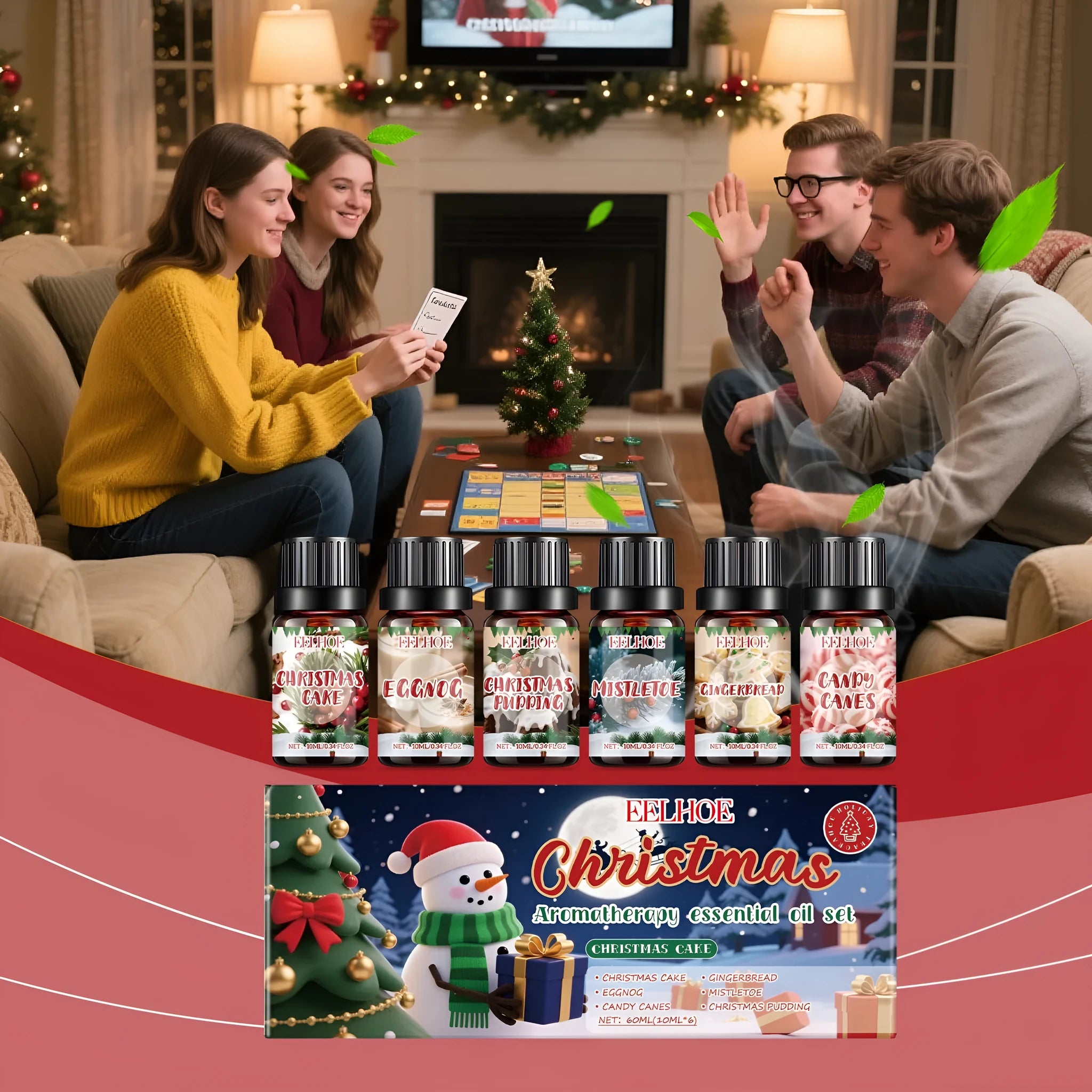Christmas aromatherapy oil set showing six bottles in three festive scents with different sizes