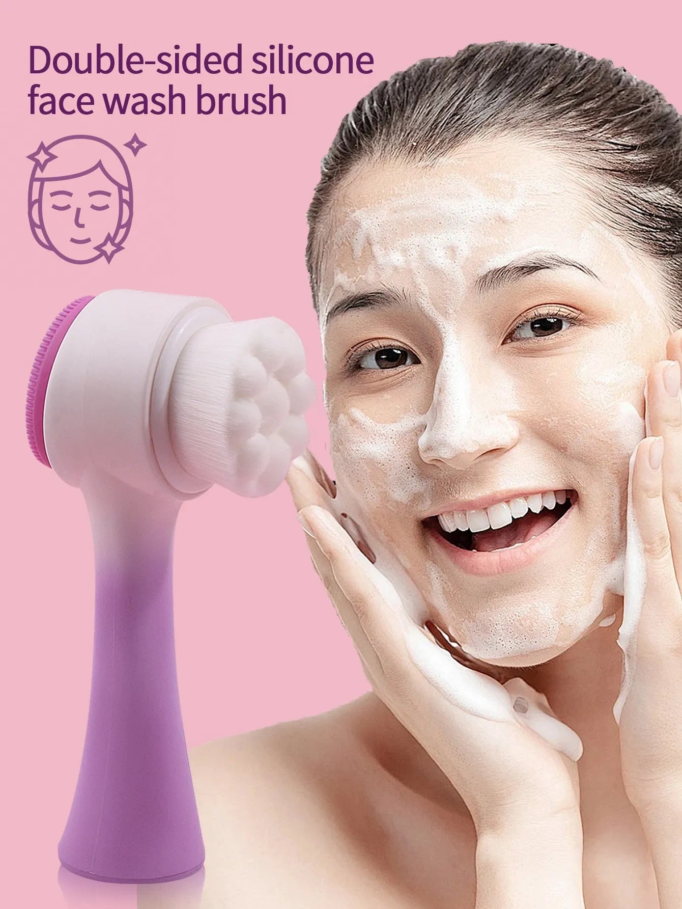Three-piece facial brush set with coral fleece hair band and nylon bristle brushes in purple, grey, white, pink colours
