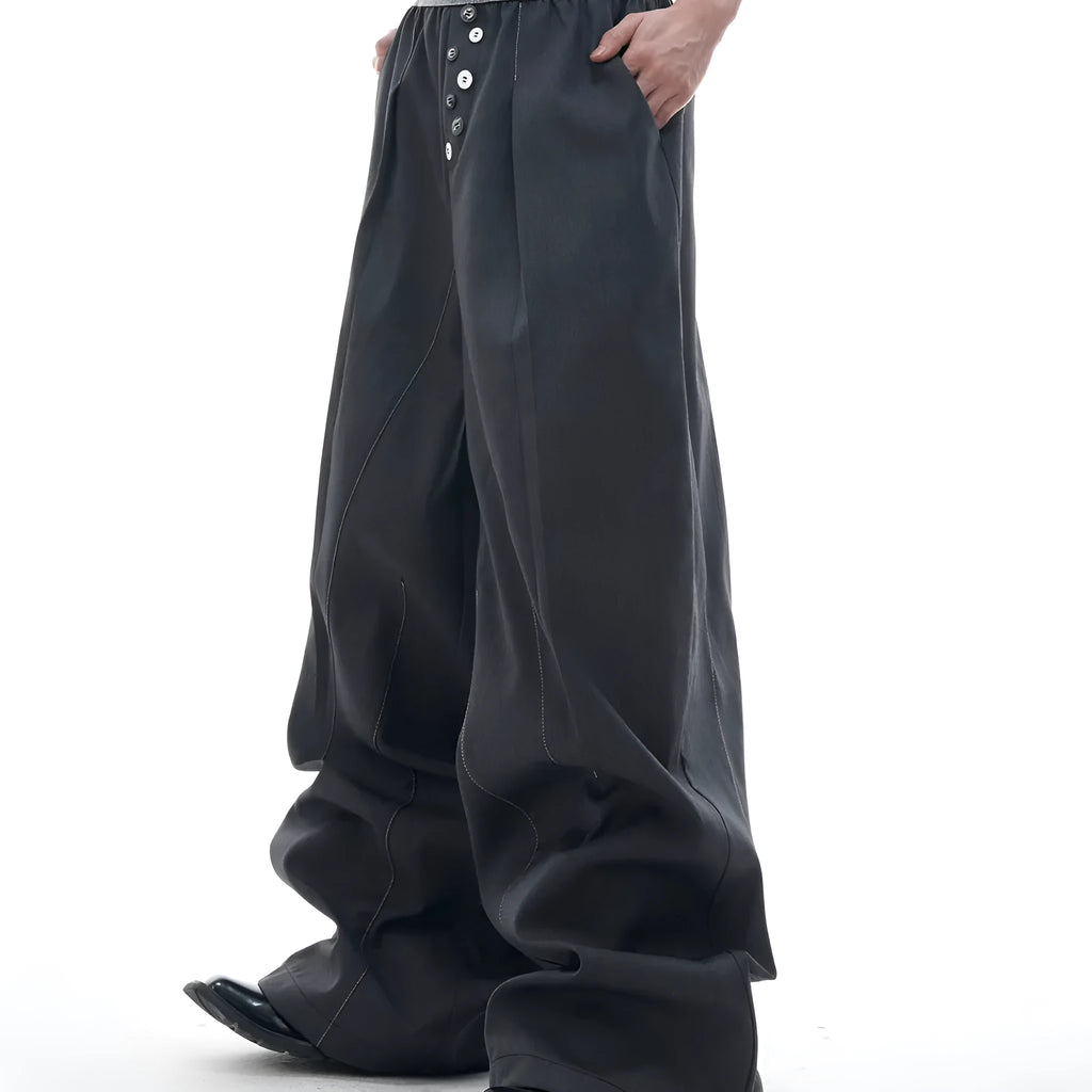 Straight-leg suit trousers with button-open line design in high-waisted drooping style