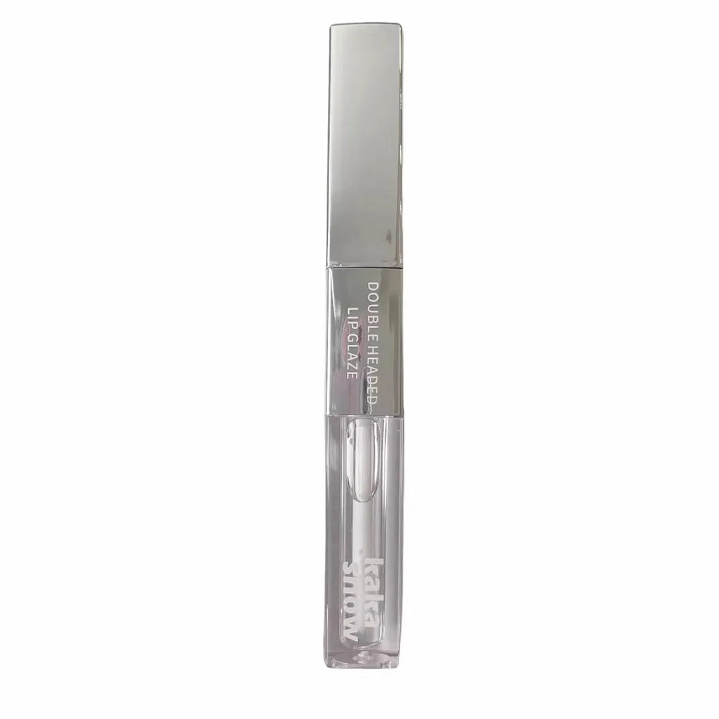 Kakashow double-headed lip glaze in velvet water gloss finish with five colour swatches