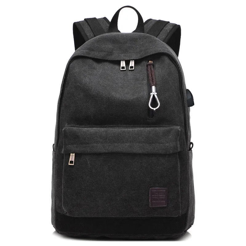 Canvas USB rechargeable backpack in coffee colour showing laptop pocket and zipper compartment